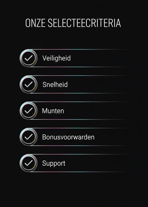 Onze selectiecriteria voor de top 10 crypto casino: veiligheid, snelheid, munten, bonusvoorwaarden en support als checklist.