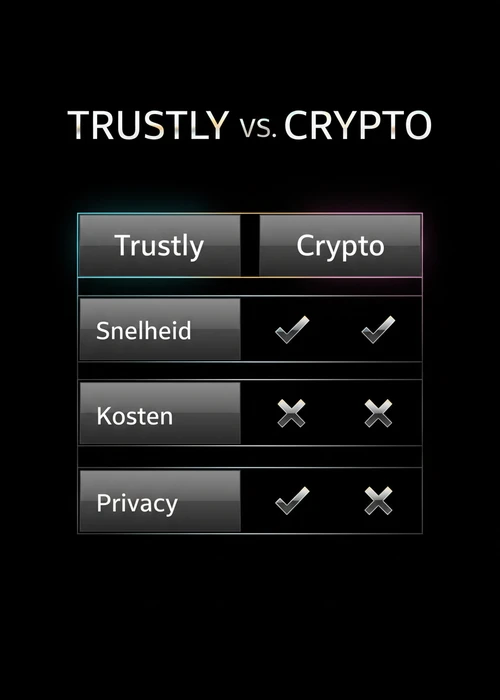 Trustly versus crypto bij een crypto casino vergeleken op snelheid, kosten en privacy in een tabel.