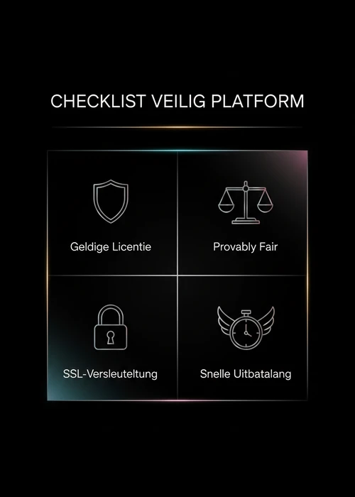 Checklist voor een veilig crypto casino platform: geldige licentie, provably fair, SSL-versleuteling en snelle uitbetaling.